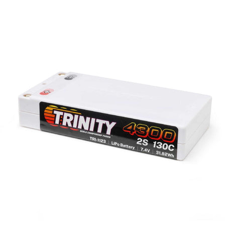 TRI-1123 batterie LiPo Trinity 7.4V 4300mAh 130C shorty avec connecteurs 5mm pour performance maximale en RC 1/10 compétition.