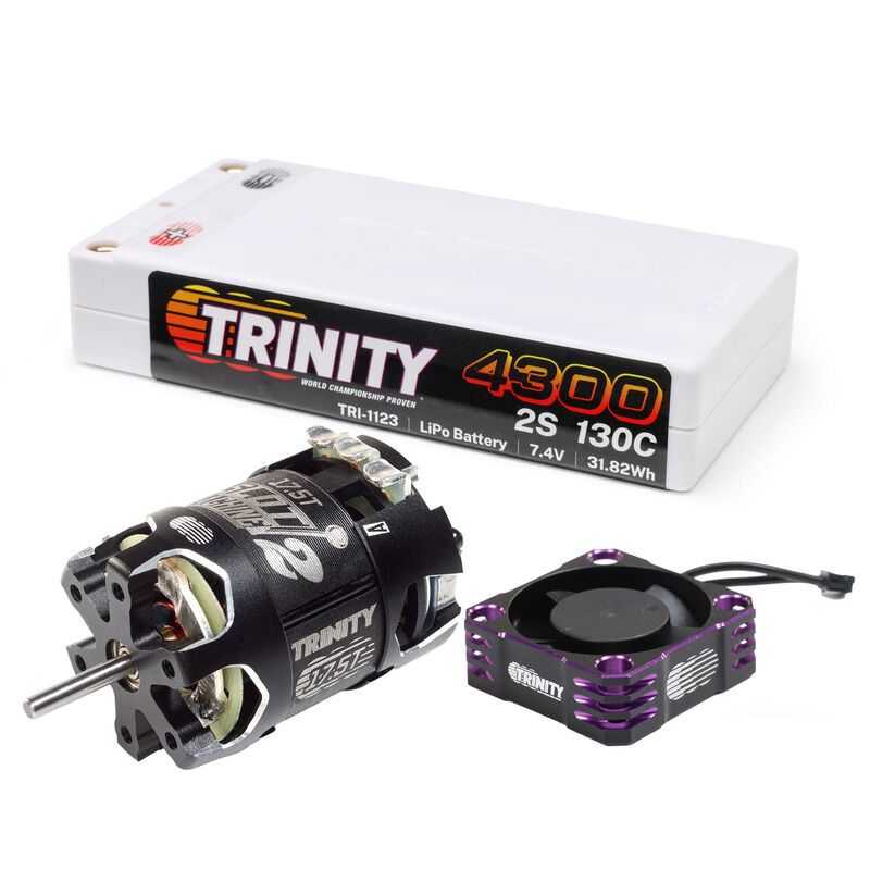 TRI-1178 combo Trinity Stock Racer 17.5T avec moteur brushless, batterie LiPo 4300mAh 130C et ventilateur pour performance stable en RC compétition.