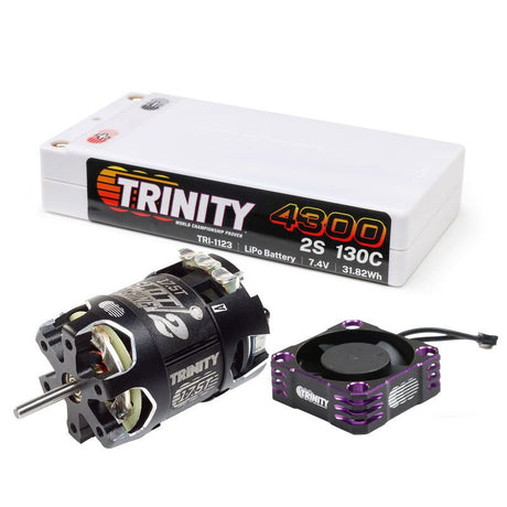 TRI-1178 combo Trinity Stock Racer 17.5T avec moteur brushless, batterie LiPo 4300mAh 130C et ventilateur pour performance stable en RC compétition.