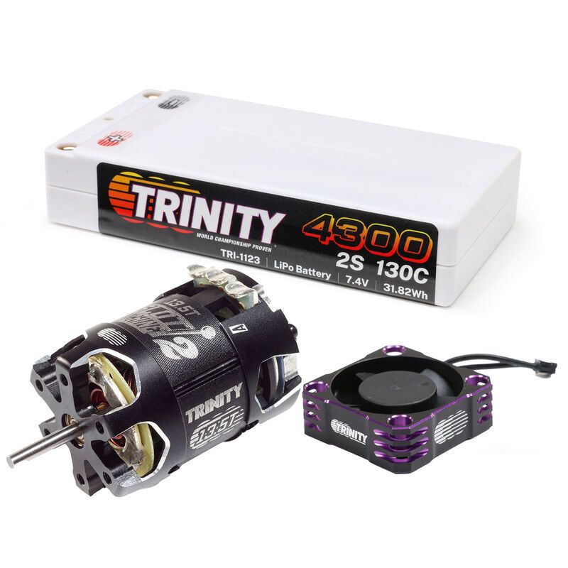 TRI-1179 combo Trinity Stock Racer 13.5T avec moteur brushless, batterie LiPo 4300mAh 130C et ventilateur pour performance équilibrée en RC compétition.