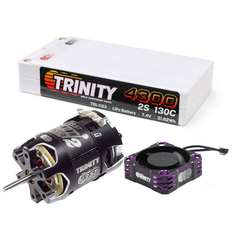 TRI-1179 combo Trinity Stock Racer 13.5T avec moteur brushless, batterie LiPo 4300mAh 130C et ventilateur pour performance équilibrée en RC compétition.