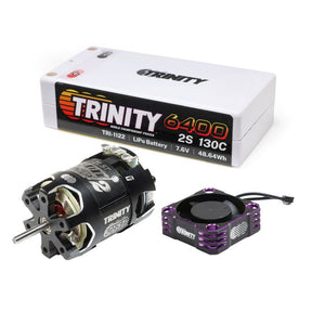 TRI-1180 combo Trinity Stock Racer 21.5T avec moteur brushless, batterie LiPo 6400mAh 130C et ventilateur pour performance stable en RC compétition.