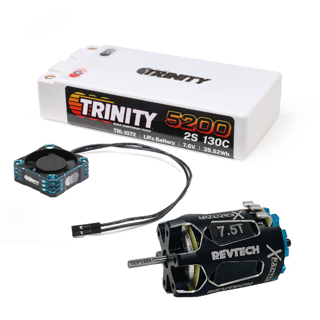 TRI-1181 combo Trinity Mod Racer avec moteur 7.5T, batterie LiPo 5200mAh 130C et ventilateur pour performance maximale en RC compétition.