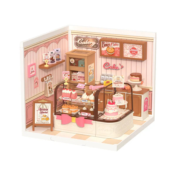 Rolife DW019B « Tasty Cake Shop » – miniature à assembler (Super Creator). Taille montée env. 16,3×16,3×15,2 cm. Kit pâtisserie détaillé, montage rapide et déco créative.
