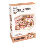 Rolife DW019B « Tasty Cake Shop » – miniature à assembler (Super Creator). Taille montée env. 16,3×16,3×15,2 cm. Kit pâtisserie détaillé, montage rapide et déco créative.