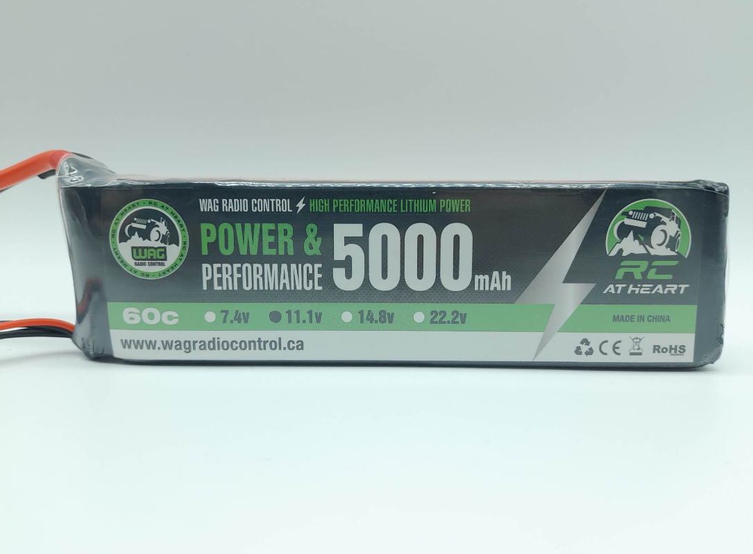 WAGB3S5060SX6 batterie LiPo WAG Radio Control 3S 11.1 V 5000 mAh 60C avec connecteur XT60. Décharge jusqu'à 120C en pointe, dimensions 153 × 44 × 24.5 mm et poids de 336 g pour les véhicules RC compatibles.