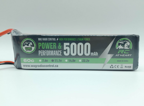 WAGB3S5060SX6 batterie LiPo WAG Radio Control 3S 11.1 V 5000 mAh 60C avec connecteur XT60. Décharge jusqu'à 120C en pointe, dimensions 153 × 44 × 24.5 mm et poids de 336 g pour les véhicules RC compatibles.