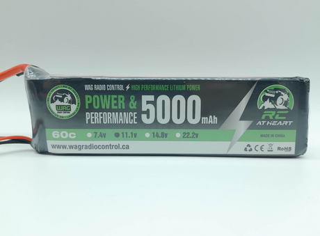 WAGB3S5060SX6 batterie LiPo WAG Radio Control 3S 11.1 V 5000 mAh 60C avec connecteur XT60. Décharge jusqu'à 120C en pointe, dimensions 153 × 44 × 24.5 mm et poids de 336 g pour les véhicules RC compatibles.