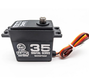 WHD-35 servo WAG RC avec couple jusqu'à 35,5 kg-cm à 7,4 V, engrenages en acier, boîtier aluminium, arbre 25T et protection IP54.