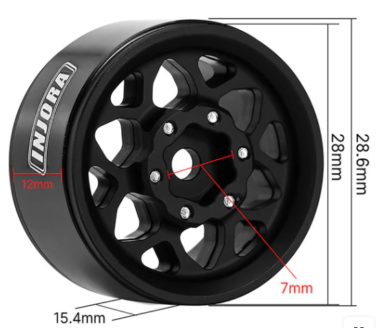 YQW-1013BK roues beadlock aluminium INJORA 1.0 avec offset -4.7mm et finition noire mate pour crawlers RC 1-24 et 1-18 chez Univers RcLoisirs