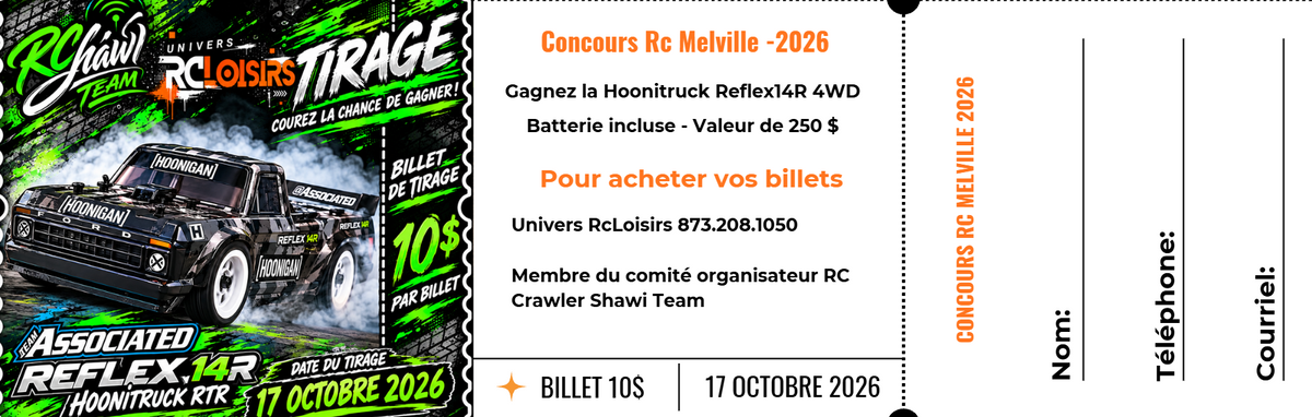 Billet de concours RC Shawi Team du 17 octobre 2026, avec tirage d’un Team Associated Hoonitruck Reflex 14R 4WD et batterie incluse.