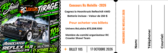 Billet de concours RC Shawi Team du 17 octobre 2026, avec tirage d’un Team Associated Hoonitruck Reflex 14R 4WD et batterie incluse.